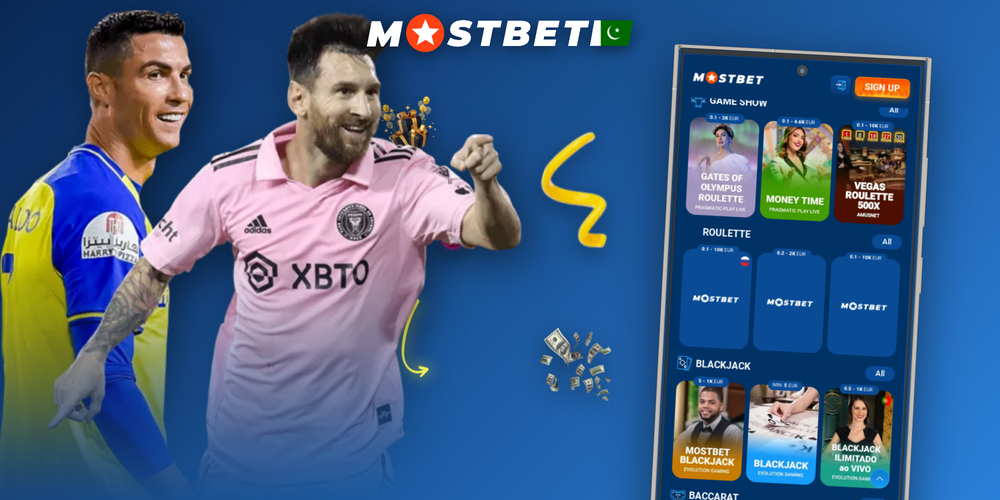 Mostbet app displayed on Android and iPhone showing live sports events and slots carousel