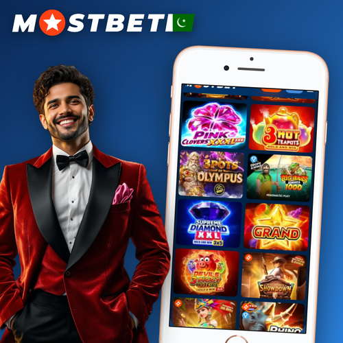 Mostbet casino lobby featuring slot reels, roulette wheel and playing cards on dark gold gradient