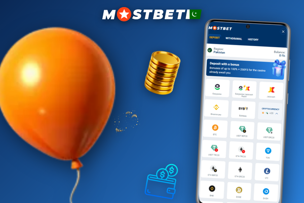 Mostbet deposit converting Bitcoin to PKR balance shown on a smartphone screen