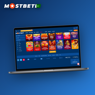 Mostbet casino progressive jackpot trophy over stacked coins with confetti on dark blue background