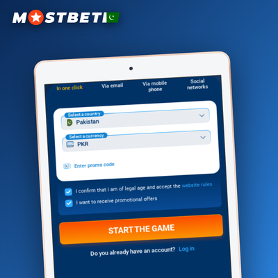 Mostbet one-click registration tile with PKR currency selector for Pakistan