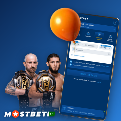 Mostbet register sign-up form on a smartphone with PKR currency in Pakistan