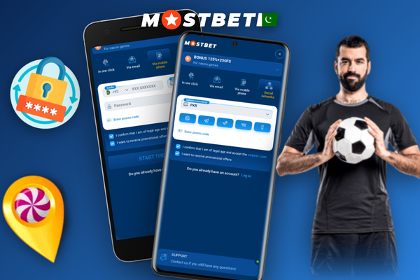 Mostbet create account welcome confirmation card showing account ID and PKR balance